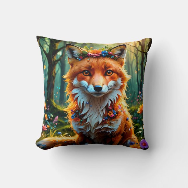 Coussin Renard mignon avec couronne florale (Recto)