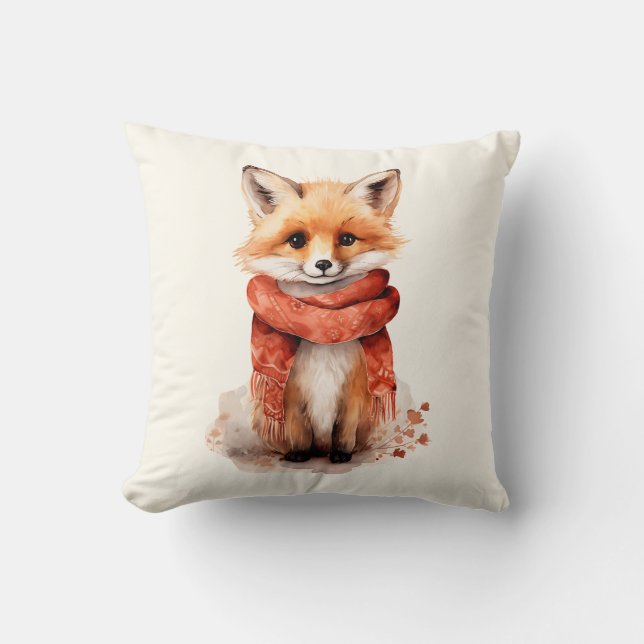 Coussin Renard mignon en écharpe rouge (Recto)