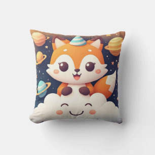 Coussin Renard mignon sur un nuage souriant avec des planè