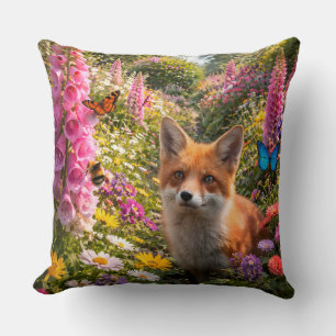 Coussin Renard roux adorable et jardin de fleurs sauvages 