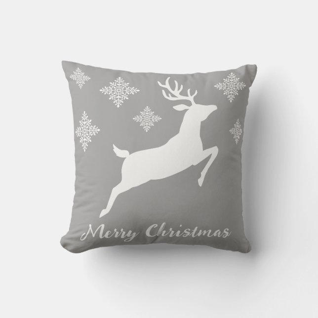 Coussin Renne courant blanc sur fond gris avec flocons de  (Recto)