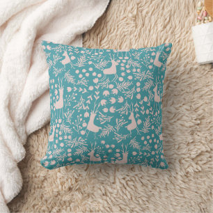 Coussin Renne florale nordique Noël rose sur fond sarcel