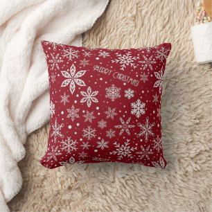 Coussin Renne Noël Rouge et Flocons de Neige Motif Sans Co