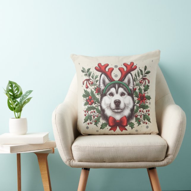Coussin Rennes de fête Sibérie Husky Chien Noël (Chaise)