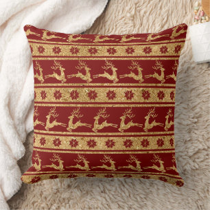 Coussin Rennes dorés et flocons sur fond rouge - Noël