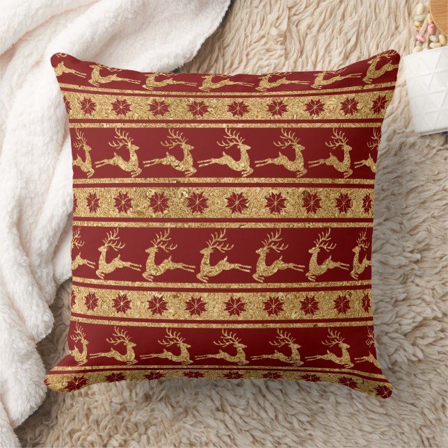 Coussin Rennes dorés et flocons sur fond rouge - Noël (Couverture)
