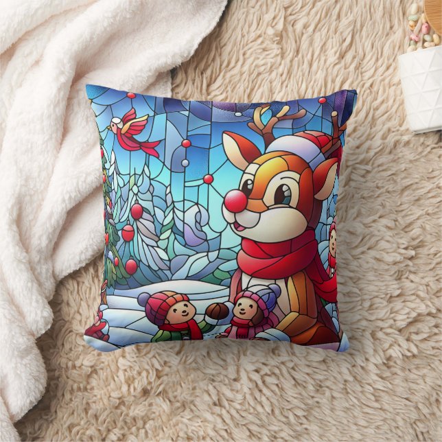 Coussin Rennes et enfants dans la joie hivernale! (Couverture)