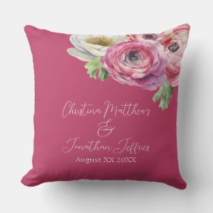 Coussin Renoncule rose aquarelle romantique sur fond rose