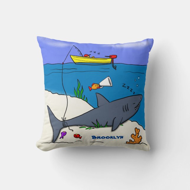 Coussin Requin drôle endormi et dessin animé de pêche (Recto)