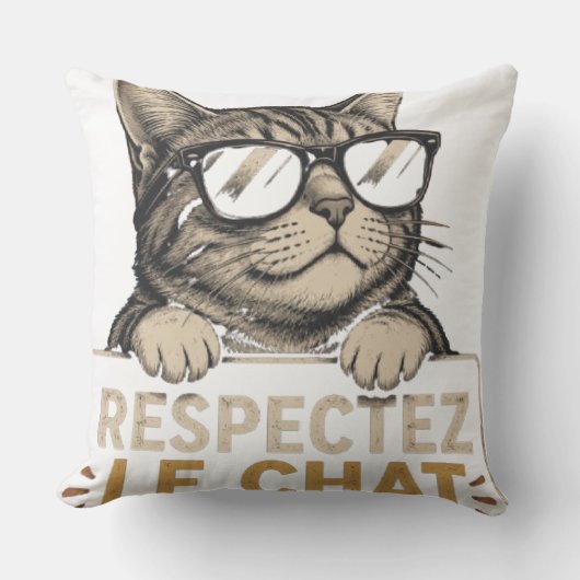 Coussin Respectez le chat – Illustration de chat à lunette (Recto)