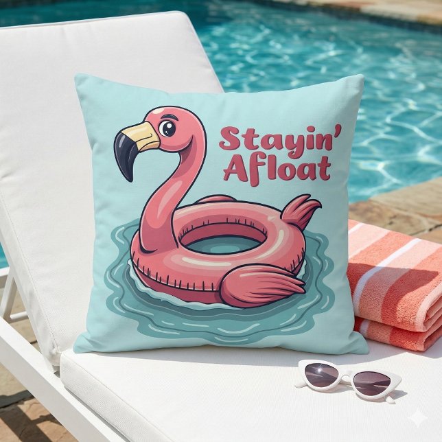 Coussin Rester à flot Fun Flamingo Float Piscine Rétro (Stayin’ Afloat Funny Flamingo Pool Float Retro Throw Pillow Mockup A)