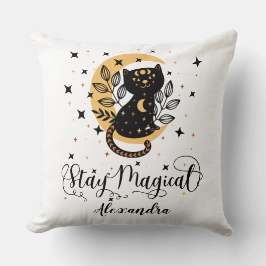 Coussin Restez magique : Chat noir, Lune, Étoiles et Nom p (Recto)