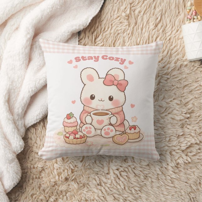 Coussin Restez Mignon Lapin Rose Gingham Douce Maison Cozy (Couverture)