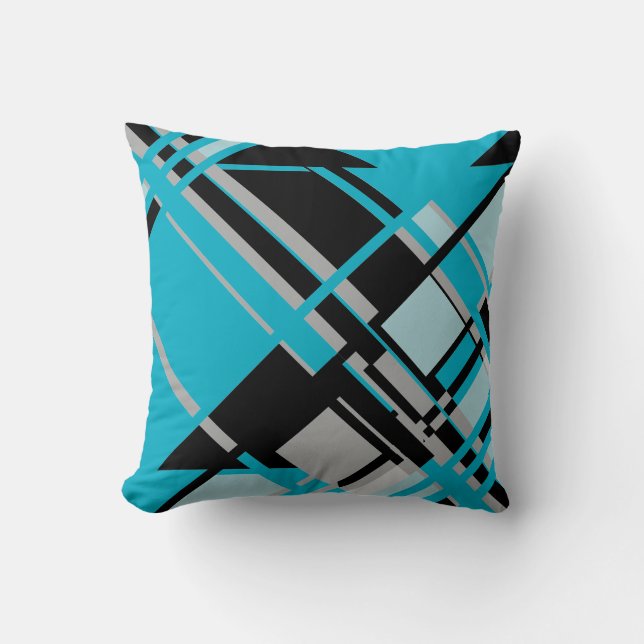 Coussin Résumé abstrait diagonal noir gris turquoise (Recto)
