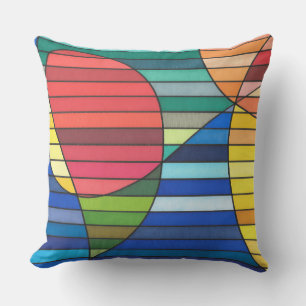 Coussin Résumé rayé bleu avec des formes rouges et jaunes