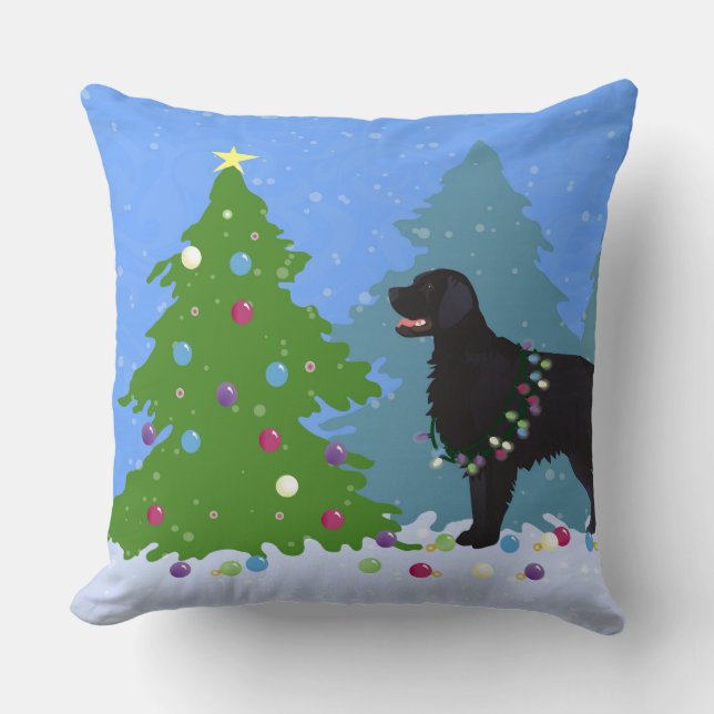 Coussin Retriever à revêtement plat noir - Forêt de Noël (Recto)