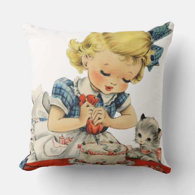 Coussin Rétro Anniversaire Fille Cake Cat Enfants Artwork (Recto)