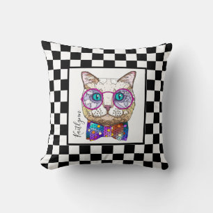 Coussin Retro B&W damier avec Hipster Cat & Nom