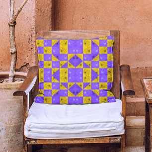 Coussin Rétro Boho Violet et Jaune Damier aux Marguerites