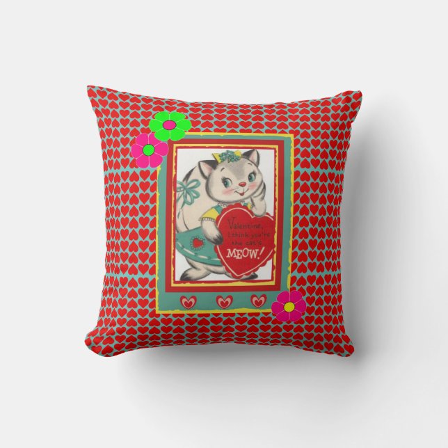 Coussin Retro "Cat's Meow" Valentines Kitty Throw Pillow (Recto)
