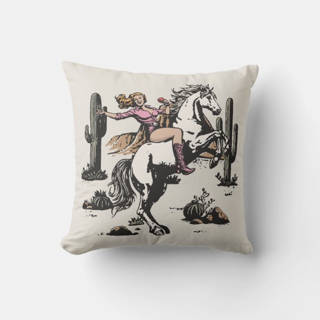 Coussin Retro Cowgirl Riding Horse Throw Pillow (Recto)