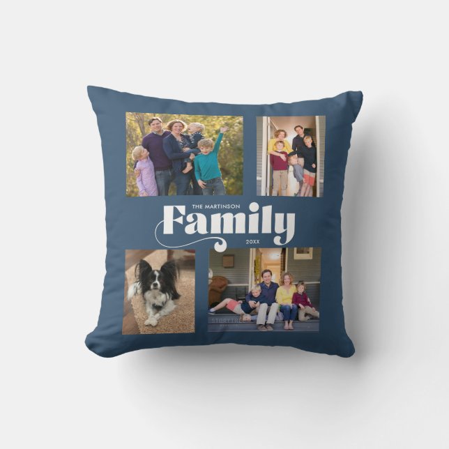Coussin Retro Family 4 Photo Collage bleu (Recto)