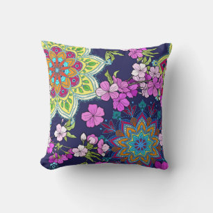 Coussin Retro Floral/Mandala Design, Navy & Pink