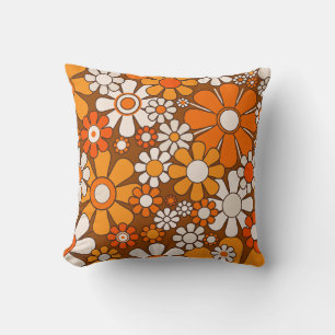 Coussin Retro Garden Floral 60s les années 70 Motif Brown 