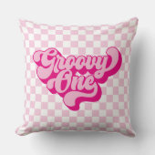 Coussin Rétro Groovy One Rose et Blanc à Damier (Recto)