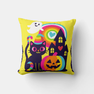 Coussin Retro Halloween Kawaii Chat noir, design Citrouill