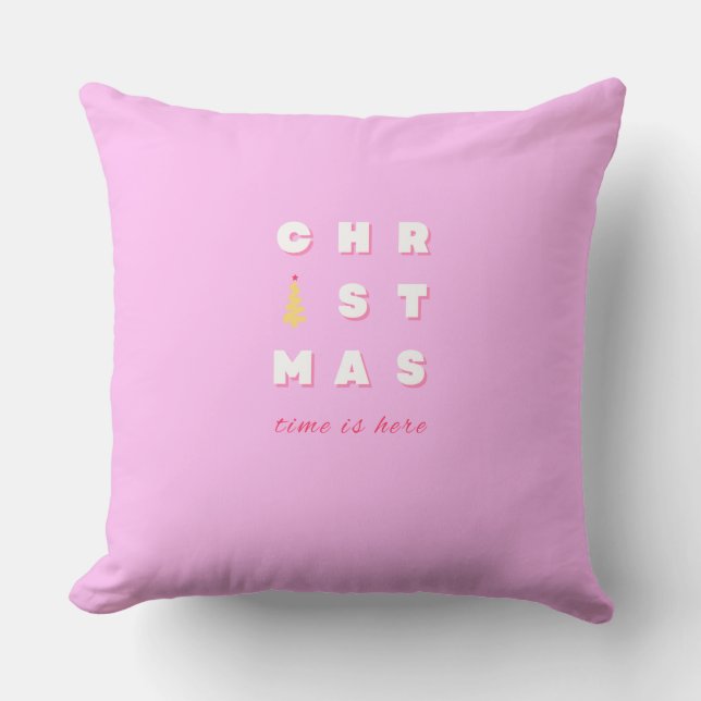 Coussin Retro Joyeux Noël rose Décor de vacances Preppy (Recto)