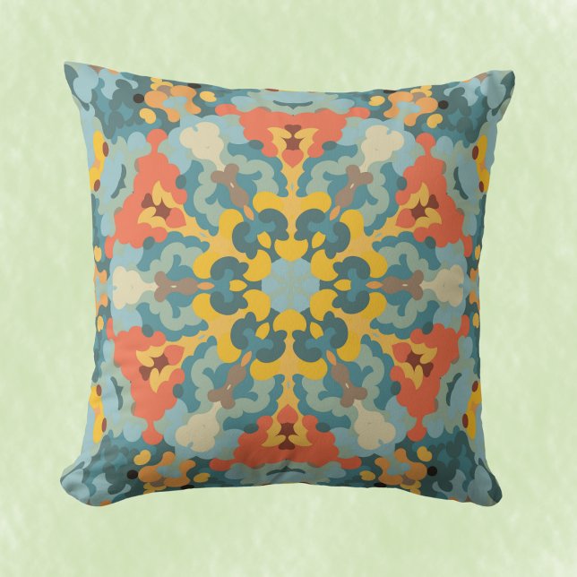 Coussin Rétro Mandala bleu orange et jaune (Créateur téléchargé)