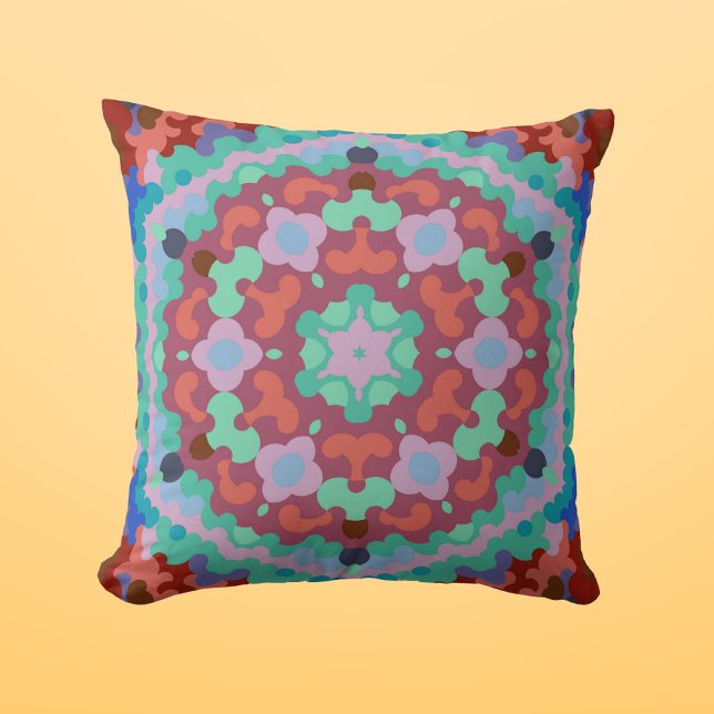 Coussin Retro Mandala Flower Blue Rouge et Turquoise (Créateur téléchargé)