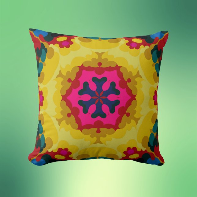 Coussin Rétro Mandala jaune bleu et rose (Créateur téléchargé)