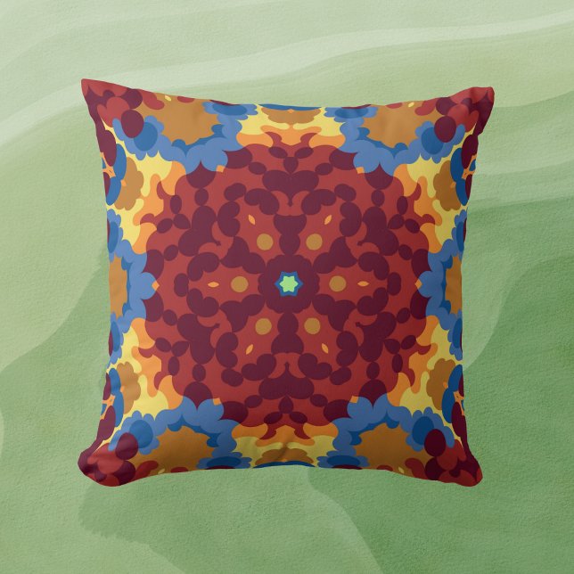 Coussin Retro Mandala rouge bleu et jaune (Créateur téléchargé)