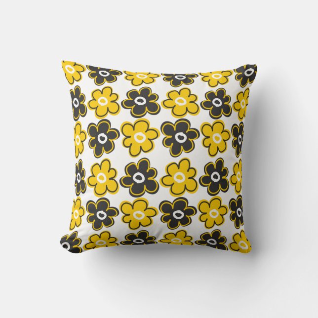 Coussin Rétro motif de fleurs jaune et noir (Recto)