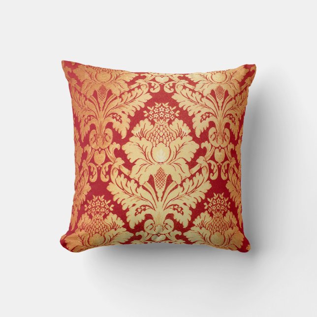 Coussin Rétro motif rouge de luxe élégant de damassé d'or (Recto)