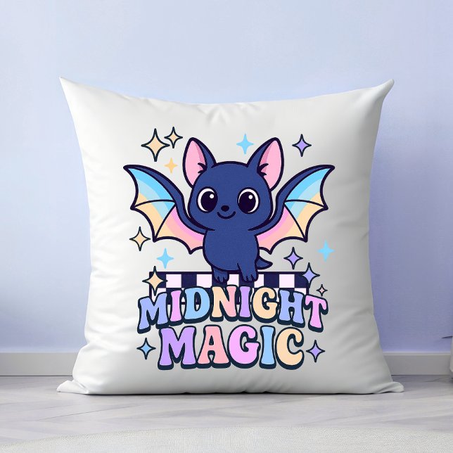 Coussin Retro Pastelcore Cute Halloween Bat & Checkerboard (The midnight magic kawaii bat design shines with retro pastel charm.)