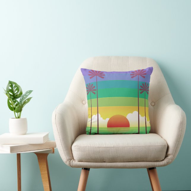 Coussin Retro Purple Sunset Palm Trees Art (Chaise)