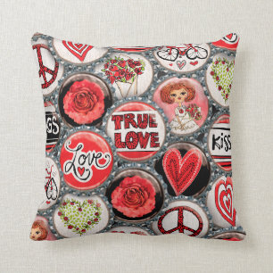 Coussin Retro Red Floral Hearts True Love Valentine's Day