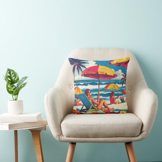 Coussin Retro Summer Beach Scene Throw Pillow  (Chaise)