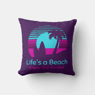 Coussin Retro Sunset Surfboard Palm Tree Life's a Beach