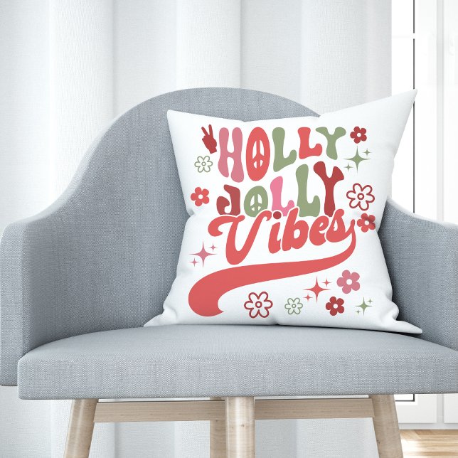 Coussin Retro Super Holly Jolly Vibes (Retro Groovy Holly Jolly Vibes Holiday Photo Throw Pillow)