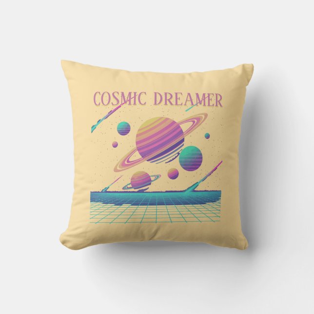 Coussin Retro Vaporwave Planets Synthwave (Recto)