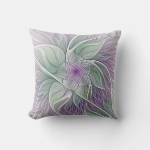 Coussin Rêve de fleur, art fractal abstrait violet vert