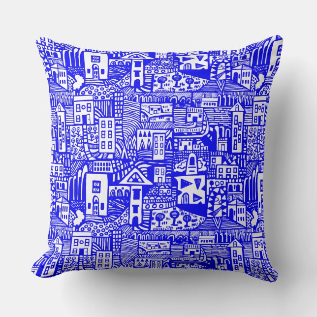 Coussin Rêve urbain - Bleu sur blanc (Recto)