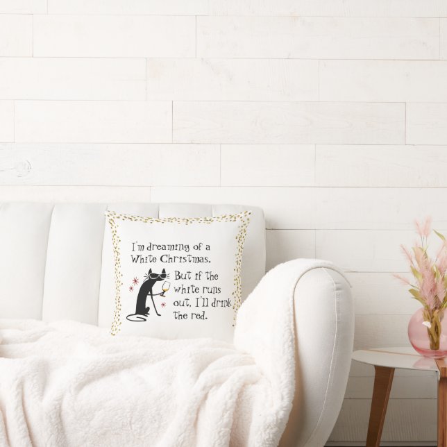 Coussin Rêver blanc Noël drôle Vin Chat (Canapé)