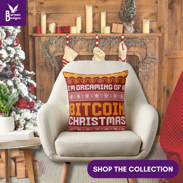 Coussin Rêver un BITCOIN CHRISTMAS Faux Knit Motif (Fun stylish BITCOIN CHRISTMAS pillow to add to your festive Christmas home décor. Matching gifts too)
