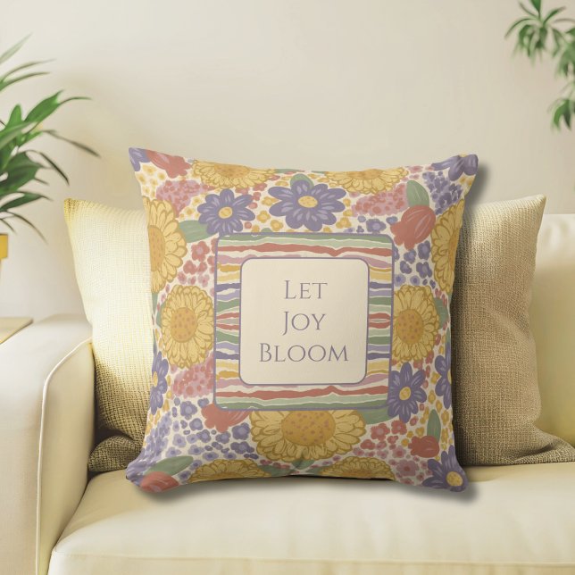 Coussin réversible « Let Joy Bloom » (Let Joy Bloom Reversible Throw Pillow – Editable Inspirational Quote – Floral Stripe Cottagecore Dec)