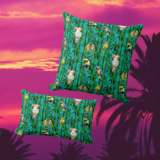Coussin Rêves de Forêt Tropicale Bambous Oiseaux (Drift off into the rainforest with this dreamy bamboo and tropical bird design!)